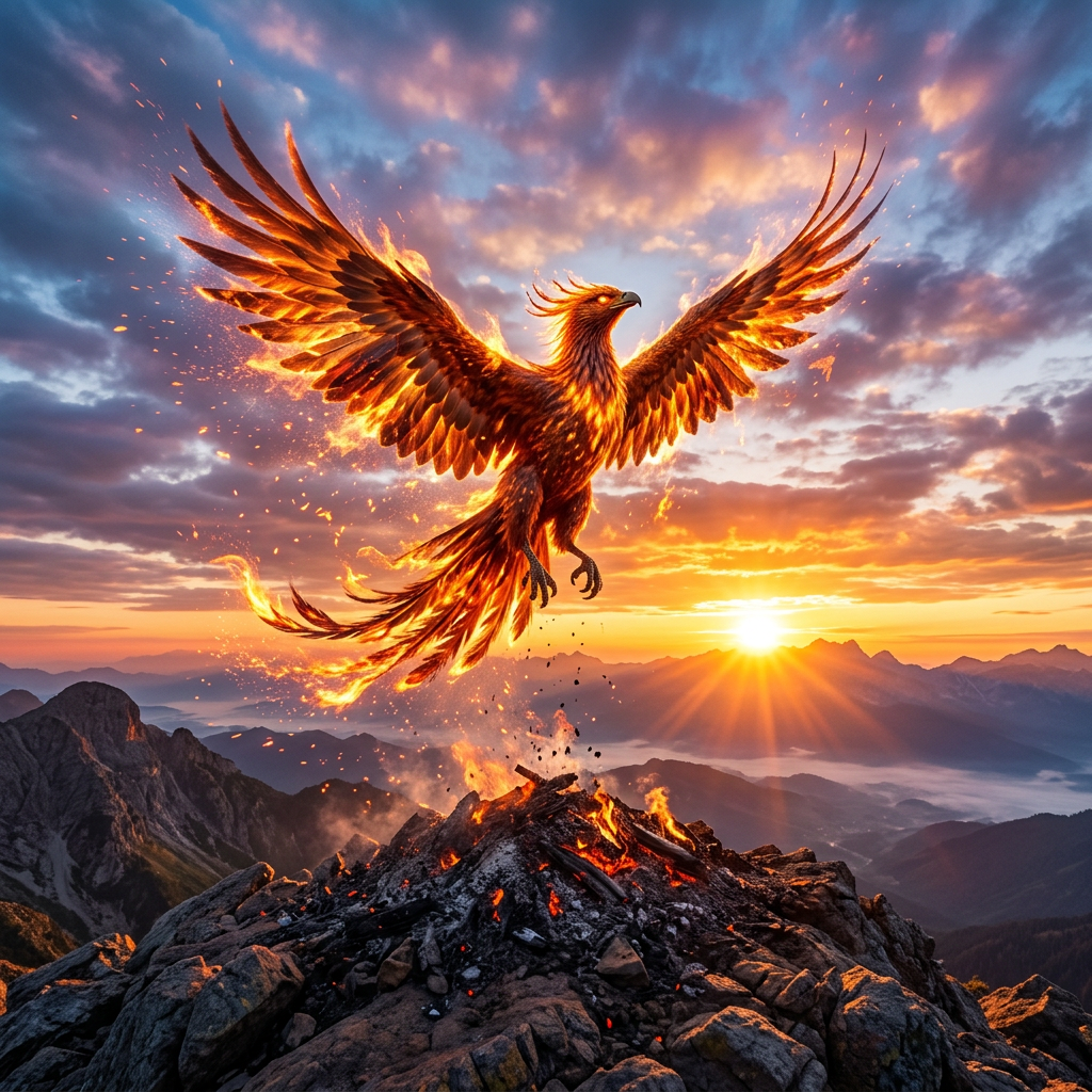 A glowing phoenix bird made of flames rising from a burning rock pile on a mountain with sunrise