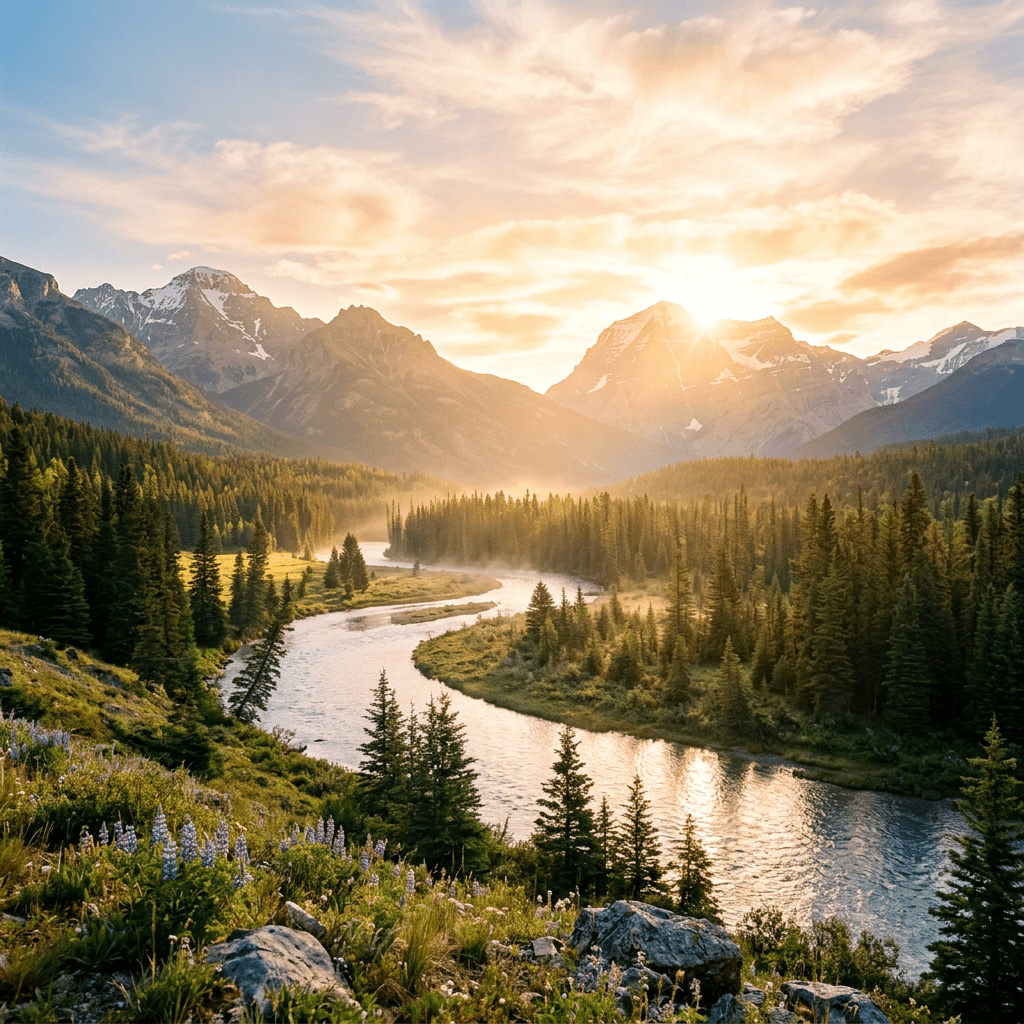 Winding river through pine forest with mountains and sunset in background