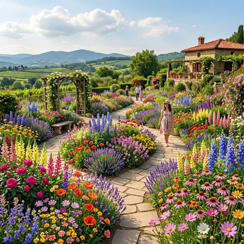 Woman walking through colorful flower garden beside stone house in countryside