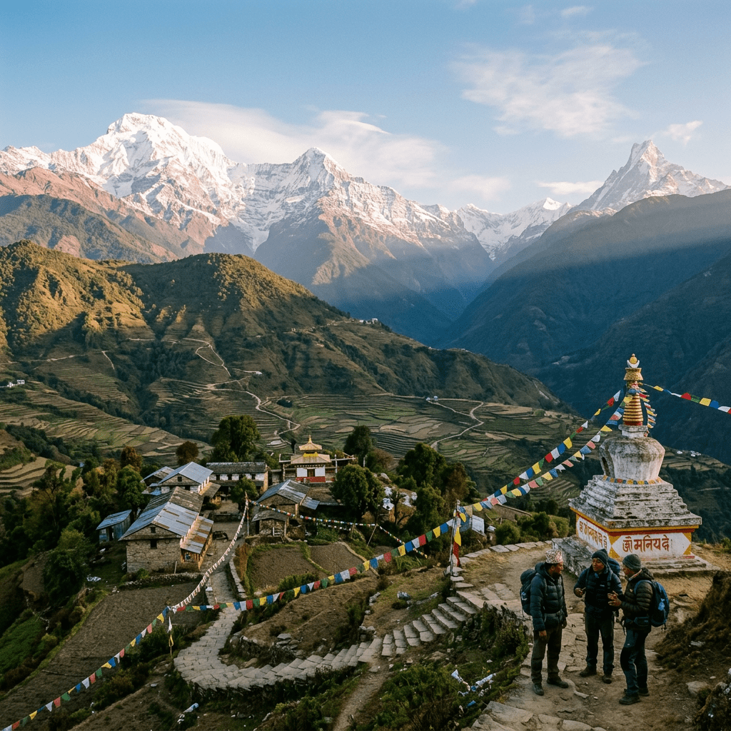 Trekkers beside a prayer-flag-covered stupa overlooking terraced Himalayan valleys